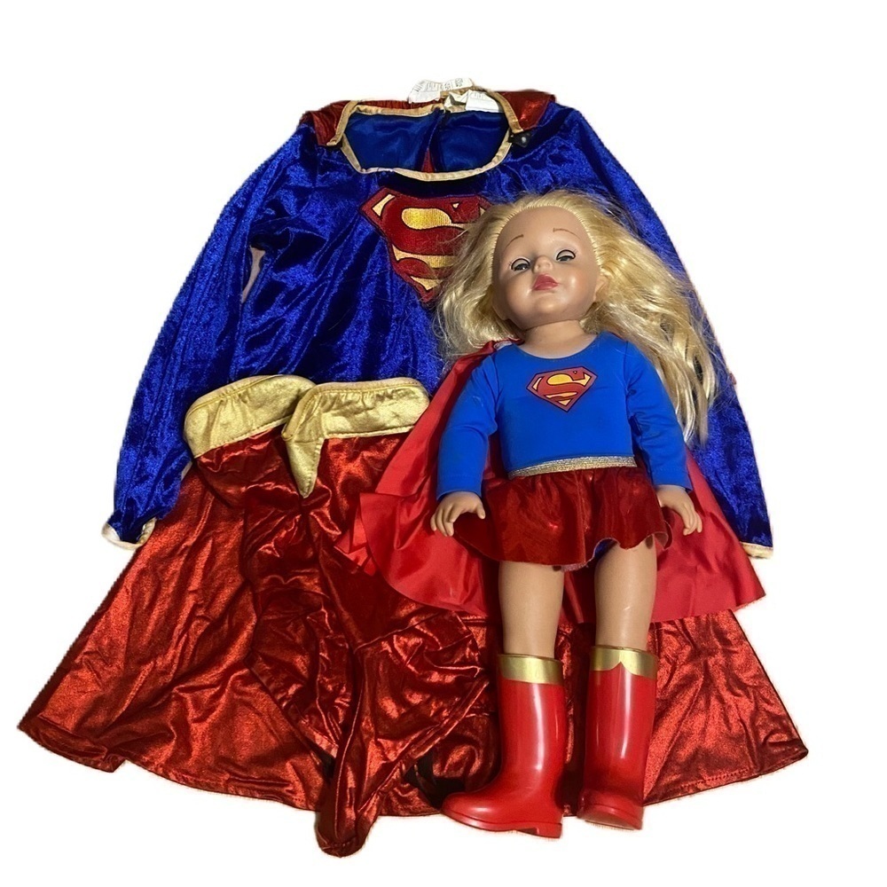 Super Girl Costume Medium W/ Matching Doll & Outfit Halloween Red Blue Dress
